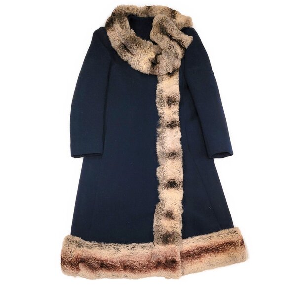 Vintage 1960's Chinchilla Fur Trimmed Royal Blue Wool Coat SZ M